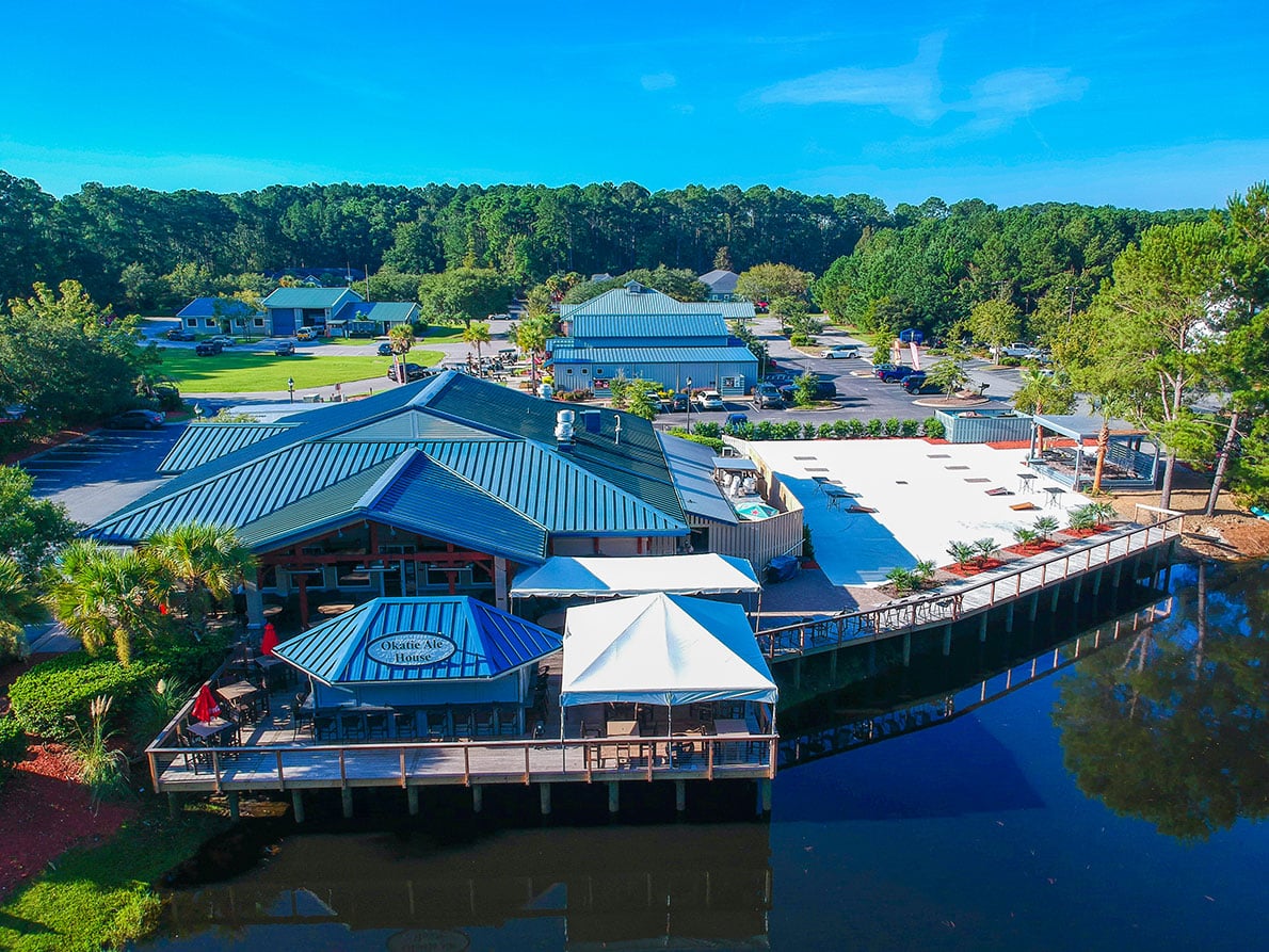 Aerial view of Okatie Ale House restaurant in Bluffton SC